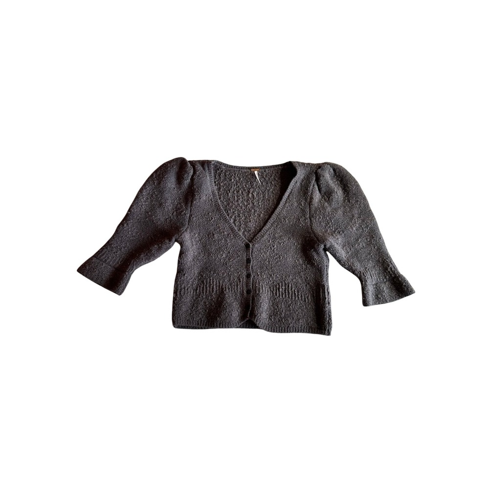 Free People Geo Floral Cardigan Charcoal Grey Puff Sleeve Cropped Sweater Small